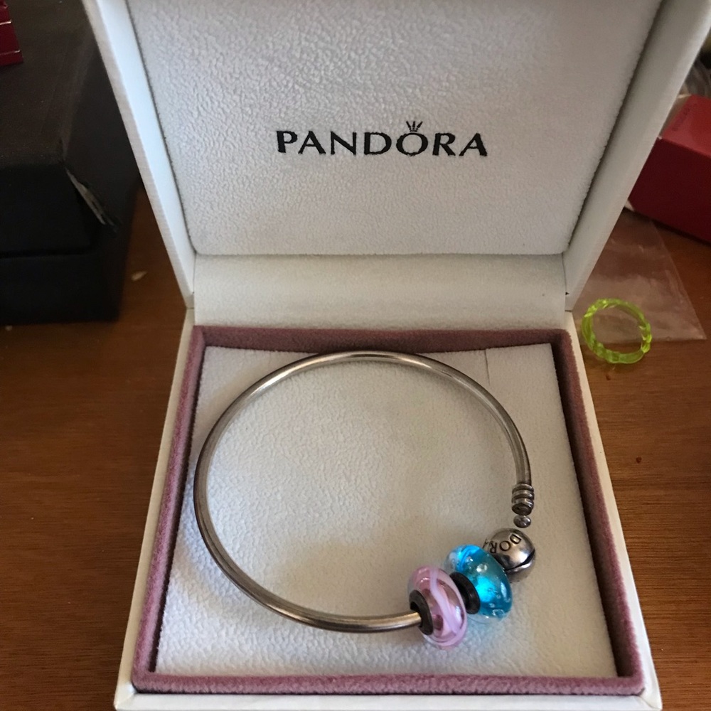 SALE WEEKEND PANDORA .925 BANGLE BRACELET WITH 2 AUTHENTIC PANDORA MURANO CHARM